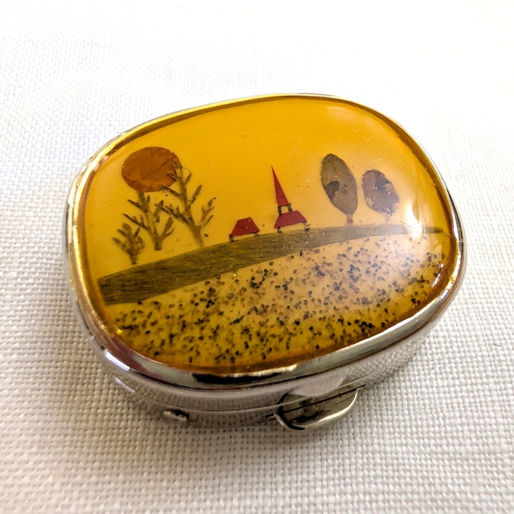 Vintage French Handmade Pill Trinket Box Scenic Floral Resin Fleurs Naturelles